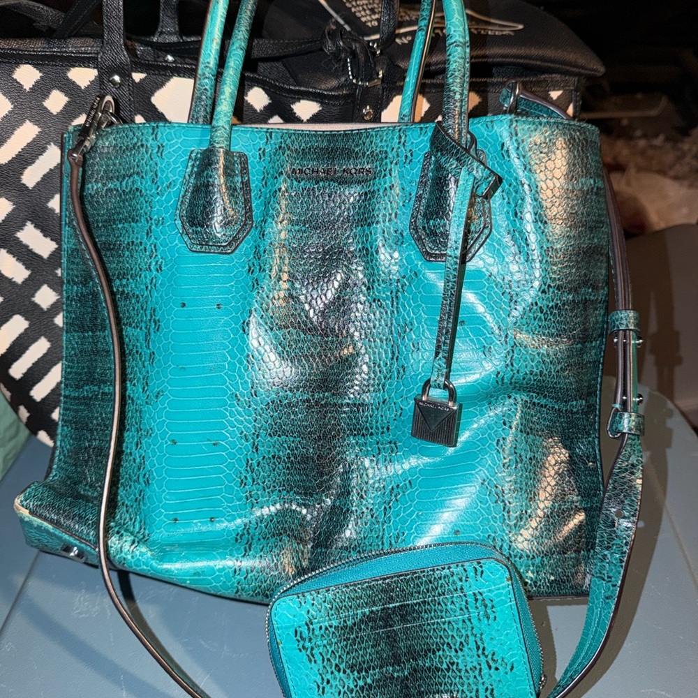 Michael Kors Teal Snake-Embossed Leather Tote